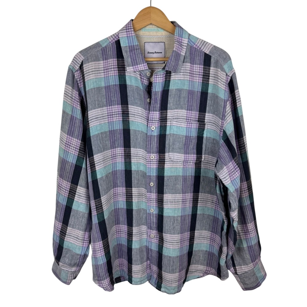 Tommy Bahama 100% Linen Button Up Plaid Shirt Men's XL Island Modern Fit Preppy‎